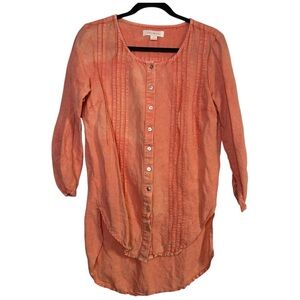 April Cornell Coral Orange Linen Blend 3/4 Sleeve Hi Lo Hem Tunic Blouse Size S